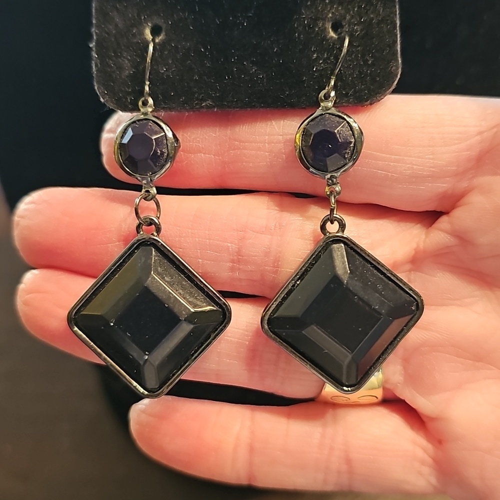 Black Crystal Drop Earrings - Women Jewelry Silver Cocktail Formal Prom - Picture 2 of 4